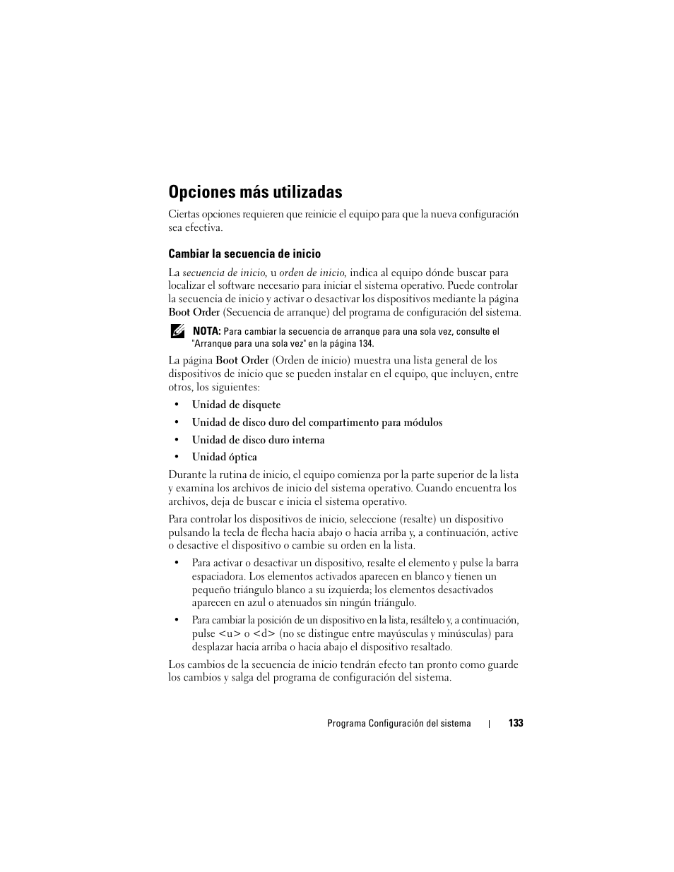 Opciones más utilizadas, Cambiar la secuencia de inicio | Dell Latitude D530 (Early 2008) User Manual | Page 133 / 192