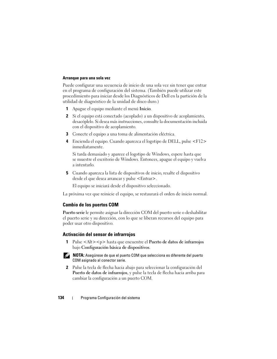 Cambio de los puertos com, Activación del sensor de infrarrojos | Dell Latitude D530 (Early 2008) User Manual | Page 134 / 192