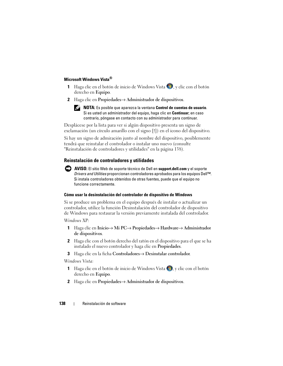 Reinstalación de controladores y utilidades | Dell Latitude D530 (Early 2008) User Manual | Page 138 / 192