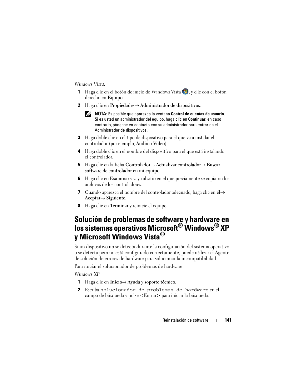 Windows, Xp y microsoft windows vista | Dell Latitude D530 (Early 2008) User Manual | Page 141 / 192