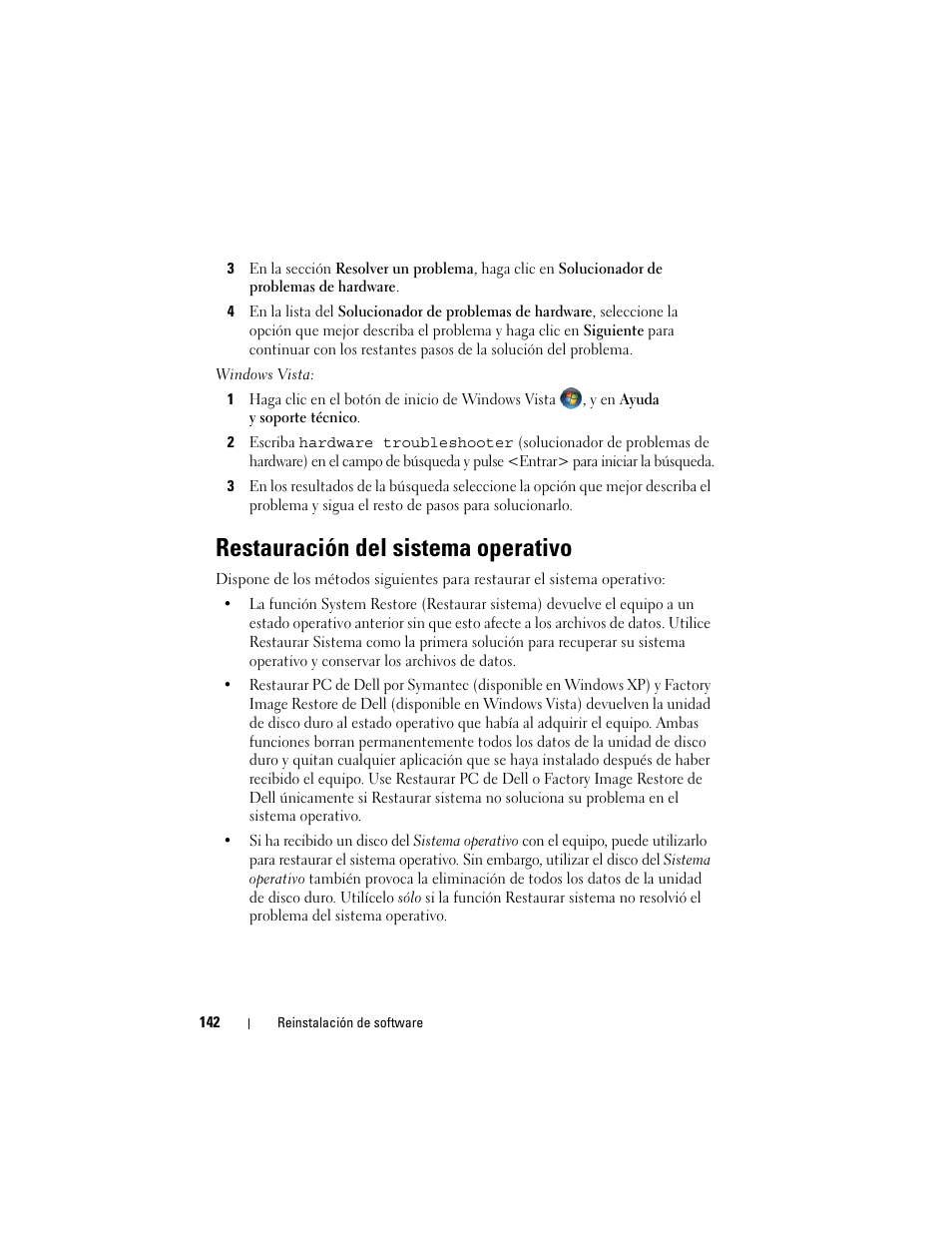 Restauración del sistema operativo | Dell Latitude D530 (Early 2008) User Manual | Page 142 / 192