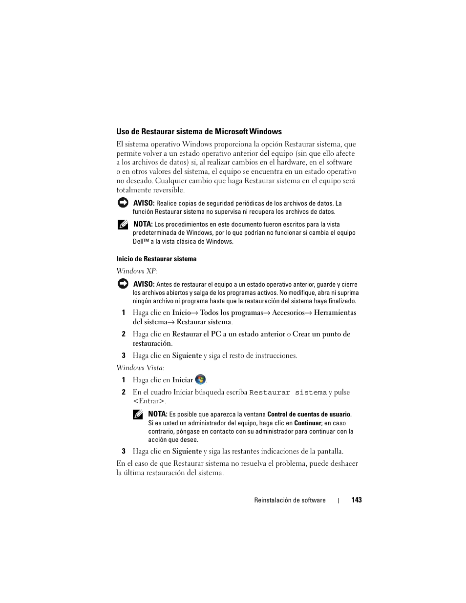 Uso de restaurar sistema de microsoft windows, Uso de restaurar sistema de microsoft | Dell Latitude D530 (Early 2008) User Manual | Page 143 / 192