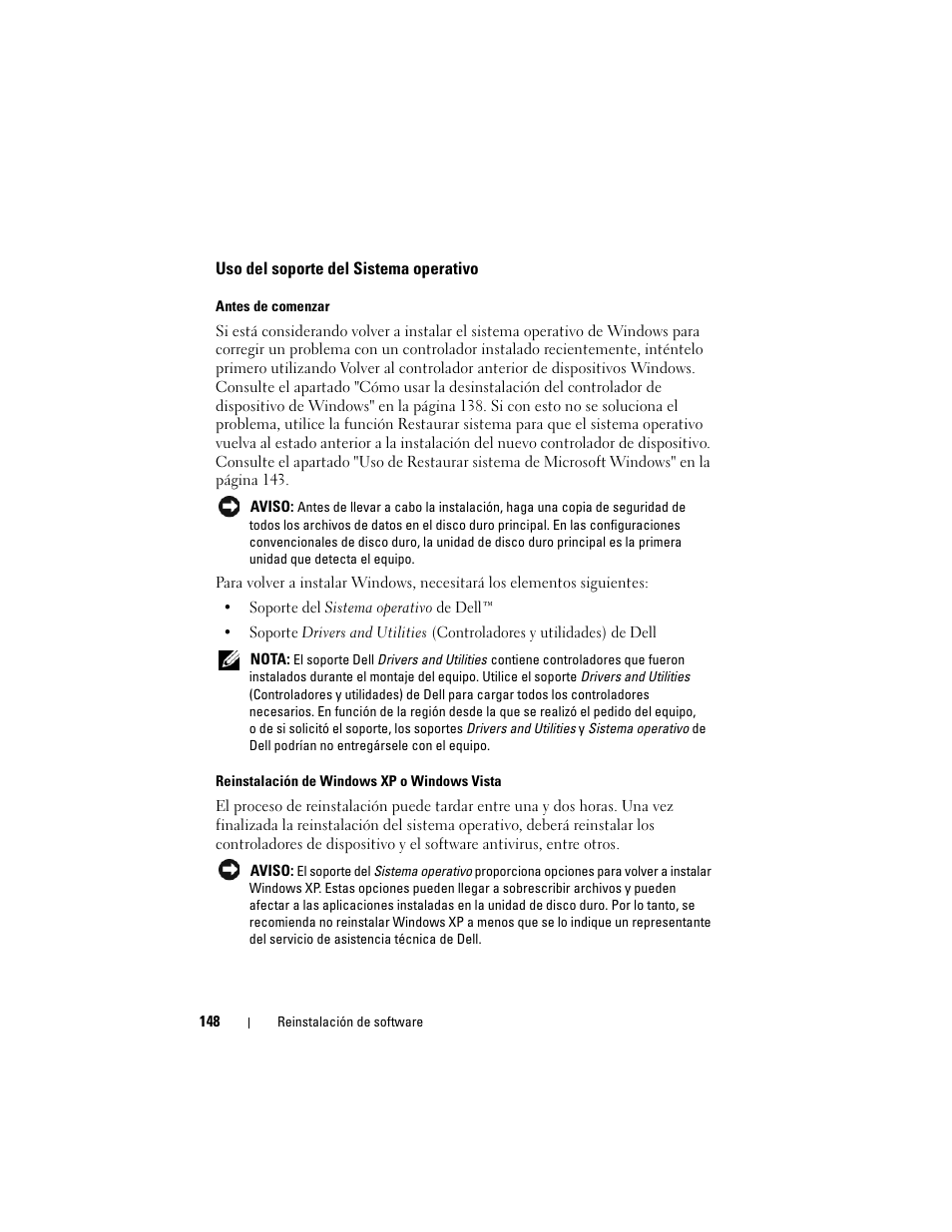 Uso del soporte del sistema operativo | Dell Latitude D530 (Early 2008) User Manual | Page 148 / 192