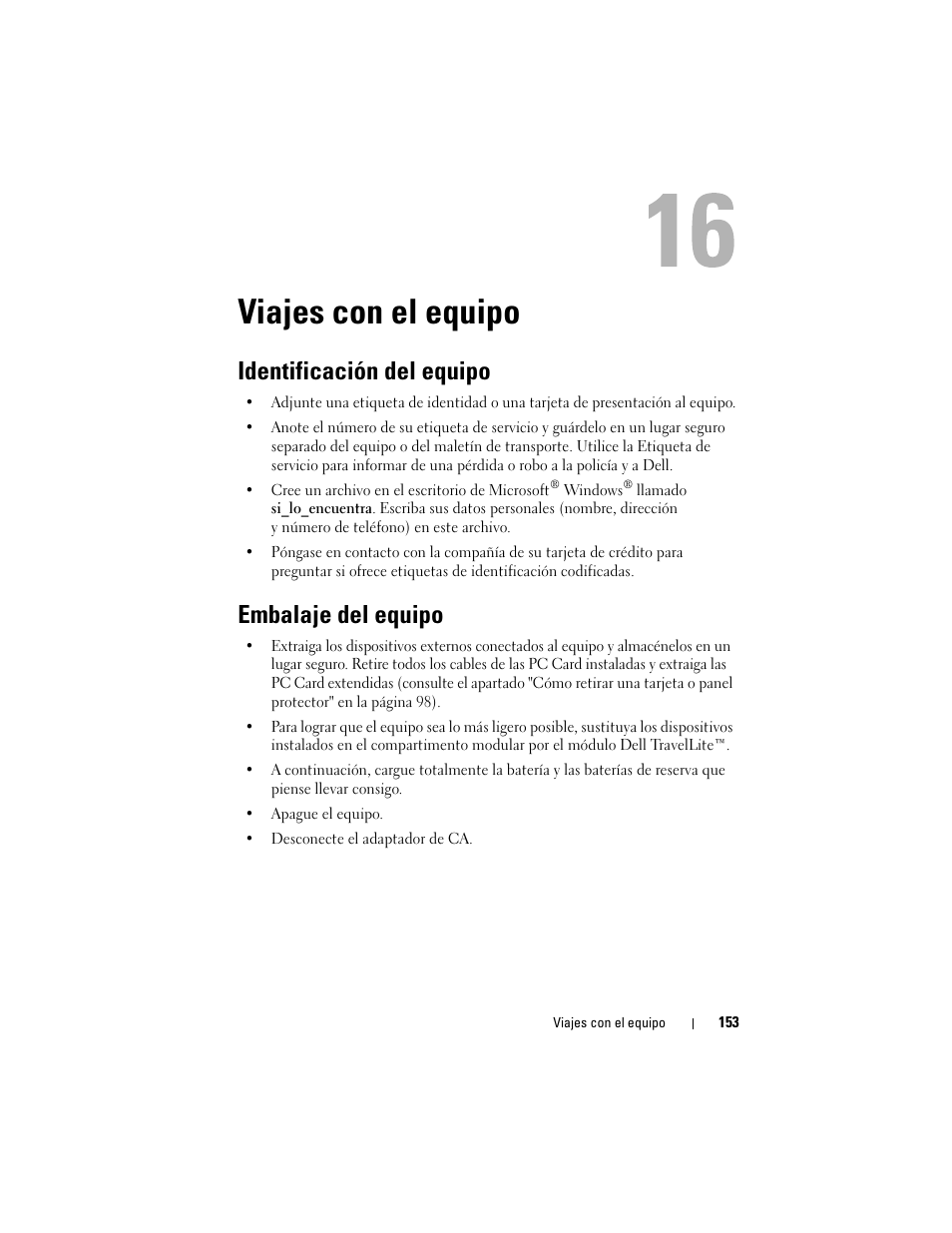 Viajes con el equipo, Identificación del equipo, Embalaje del equipo | Dell Latitude D530 (Early 2008) User Manual | Page 153 / 192