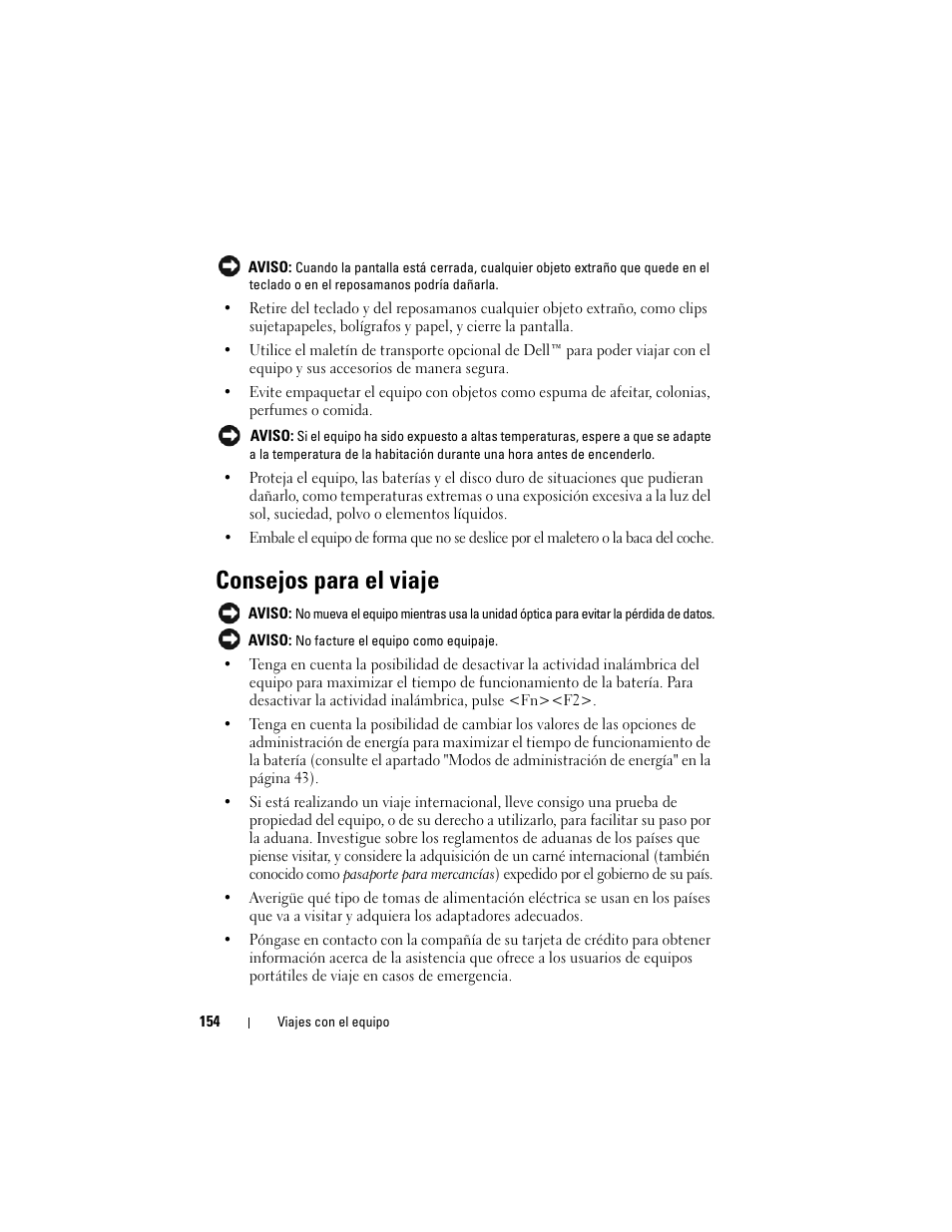 Consejos para el viaje | Dell Latitude D530 (Early 2008) User Manual | Page 154 / 192