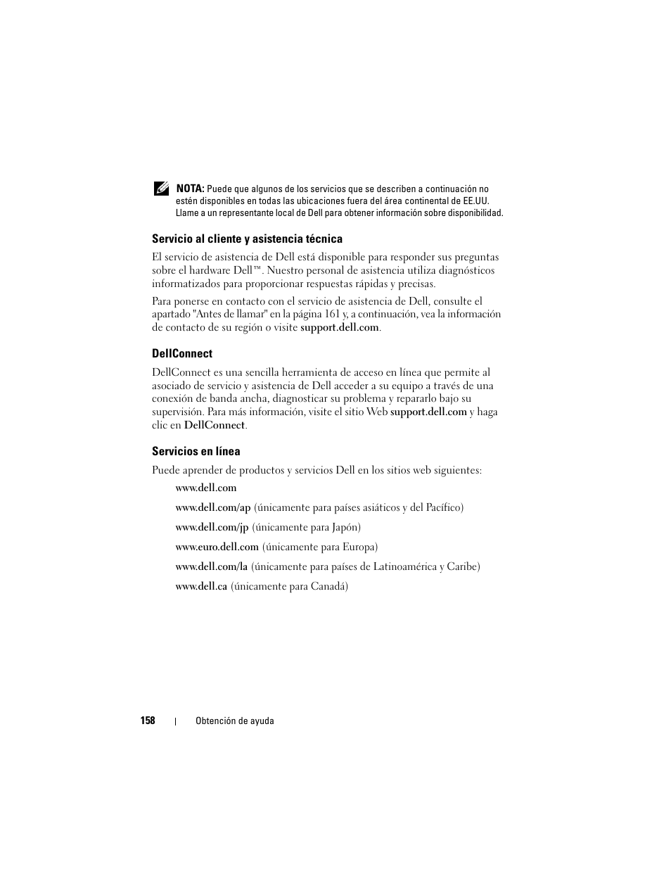 Servicio al cliente y asistencia técnica, Dellconnect, Servicios en línea | Dell Latitude D530 (Early 2008) User Manual | Page 158 / 192