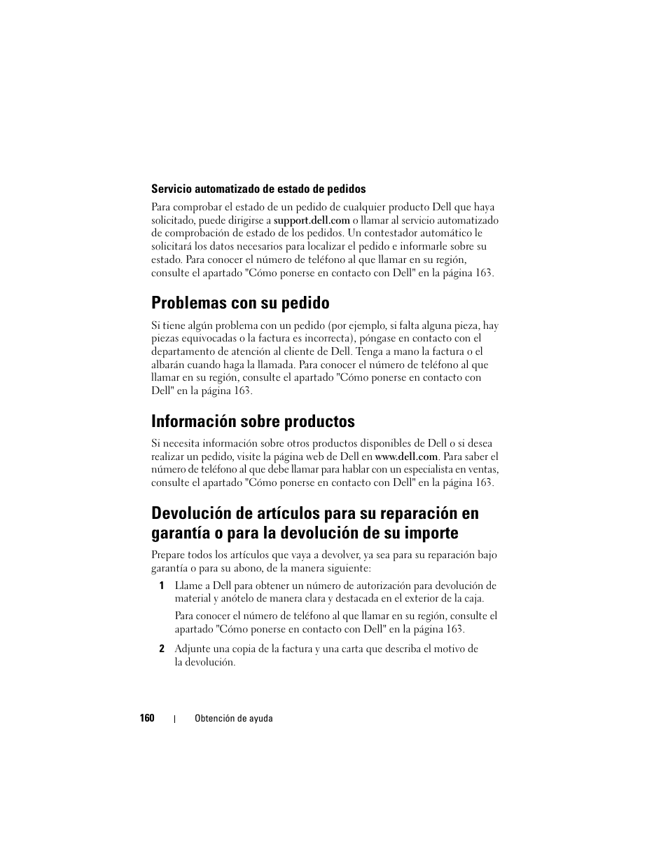 Servicio automatizado de estado de pedidos, Problemas con su pedido, Información sobre productos | Dell Latitude D530 (Early 2008) User Manual | Page 160 / 192