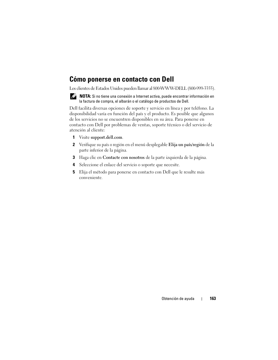 Cómo ponerse en contacto con dell | Dell Latitude D530 (Early 2008) User Manual | Page 163 / 192