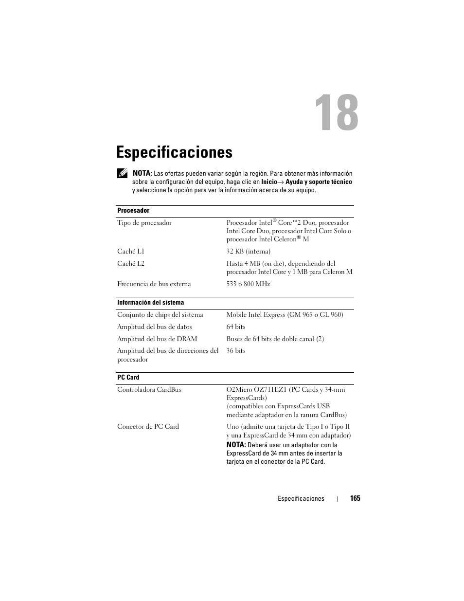 Especificaciones | Dell Latitude D530 (Early 2008) User Manual | Page 165 / 192