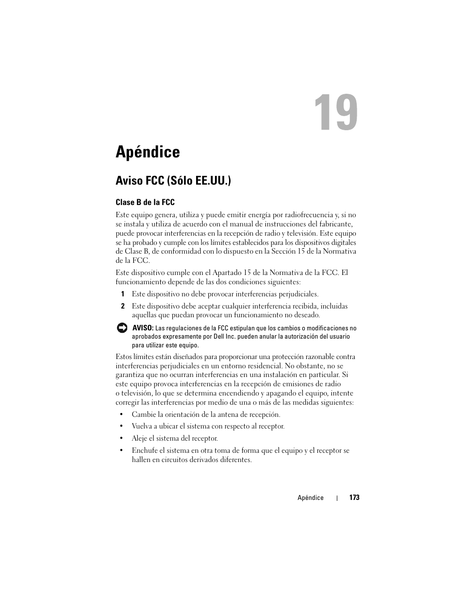 Apéndice, Aviso fcc (sólo ee.uu.), Clase b de la fcc | Dell Latitude D530 (Early 2008) User Manual | Page 173 / 192