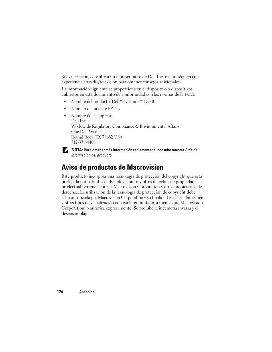 Aviso de productos de macrovision | Dell Latitude D530 (Early 2008) User Manual | Page 174 / 192