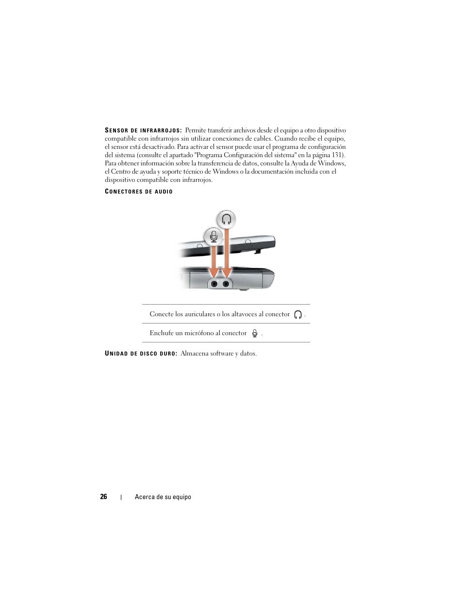 Sensor de infrarrojos, Conectores de audio (2), Unidad de disco duro | Dell Latitude D530 (Early 2008) User Manual | Page 26 / 192