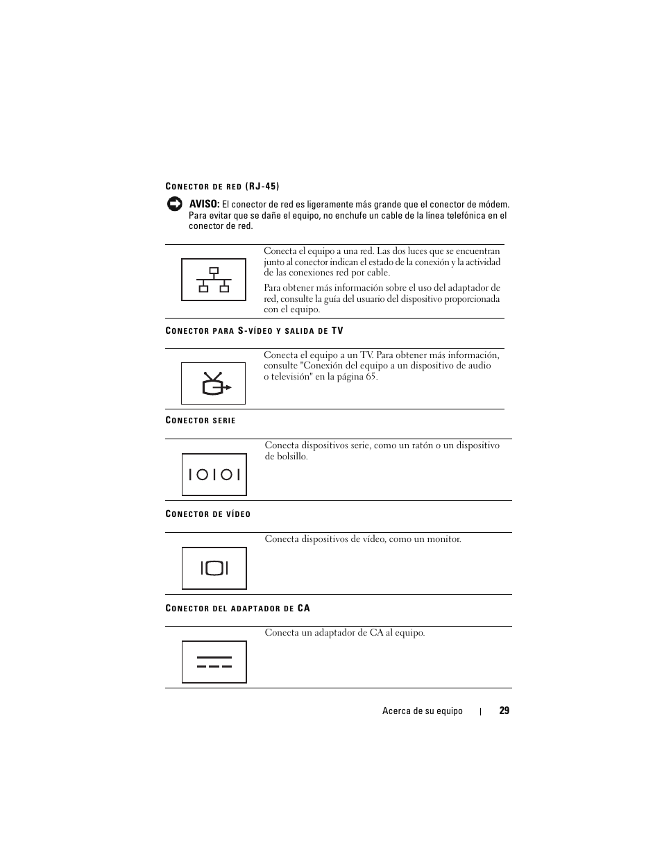 Conector de red (rj-45), Conector para s-vídeo y salida de tv, Conector serie | Conector de vídeo, Conector del adaptador de ca | Dell Latitude D530 (Early 2008) User Manual | Page 29 / 192