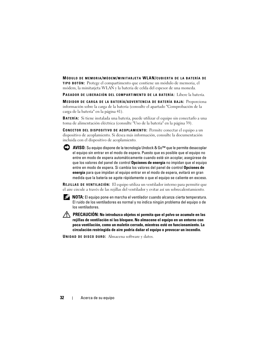 Rejillas de ventilación, Batería, Conector del dispositivo de acoplamiento | Unidad de disco duro | Dell Latitude D530 (Early 2008) User Manual | Page 32 / 192