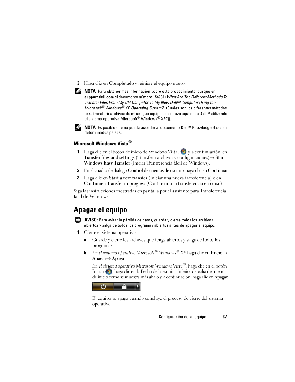 Microsoft windows vista, Apagar el equipo | Dell Latitude D530 (Early 2008) User Manual | Page 37 / 192