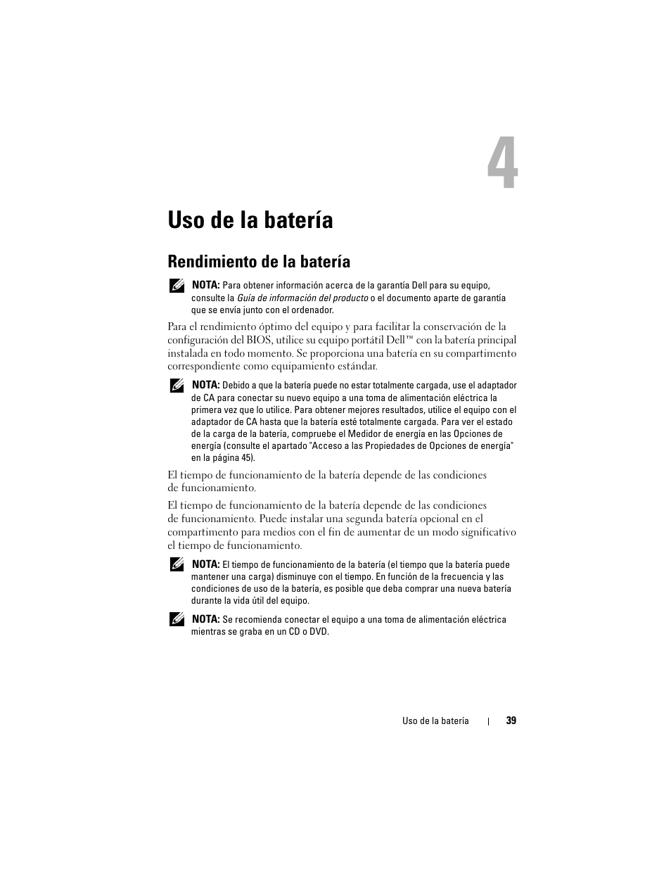 Uso de la batería, Rendimiento de la batería | Dell Latitude D530 (Early 2008) User Manual | Page 39 / 192