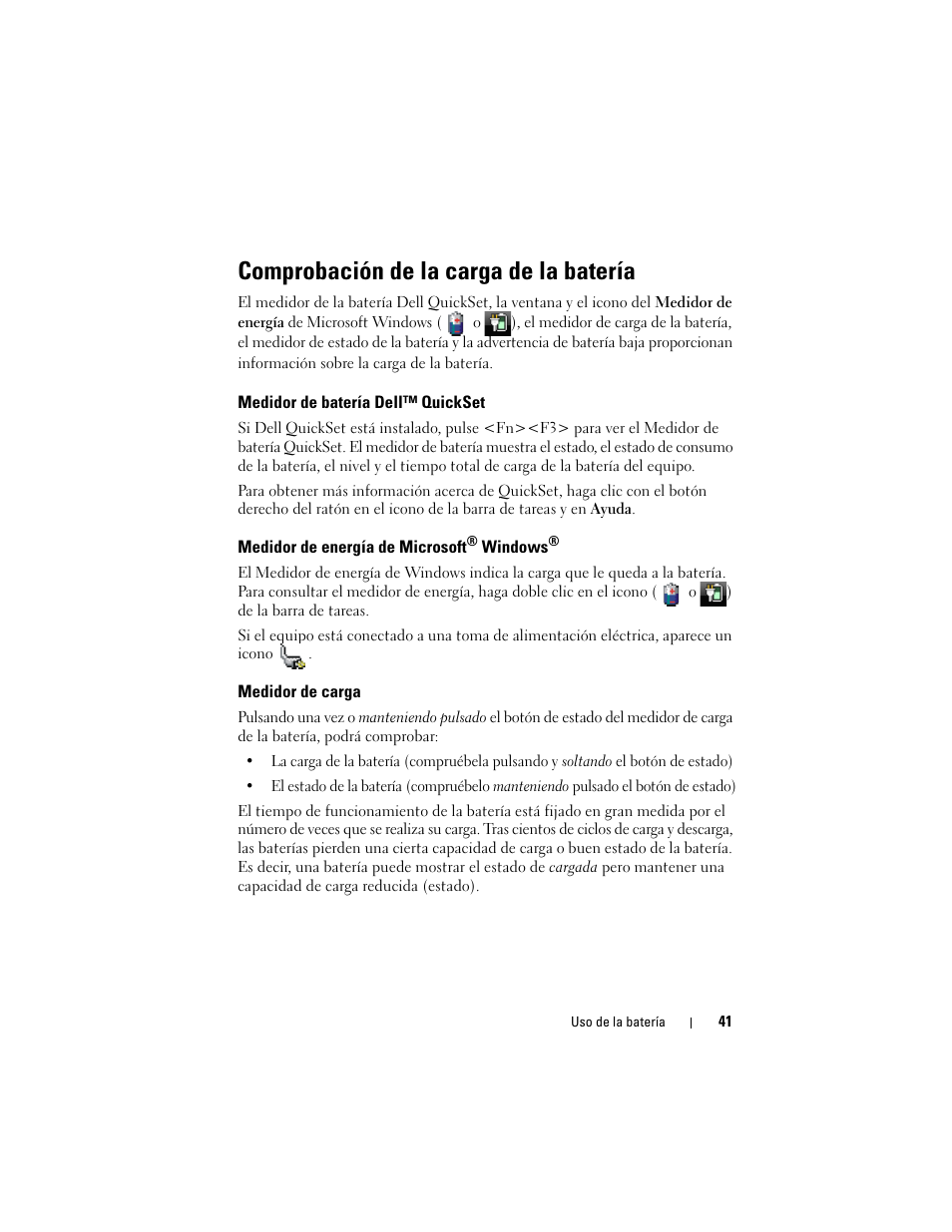 Comprobación de la carga de la batería, Medidor de batería dell™ quickset, Medidor de energía de microsoft® windows | Medidor de carga, Medidor de energía de microsoft | Dell Latitude D530 (Early 2008) User Manual | Page 41 / 192