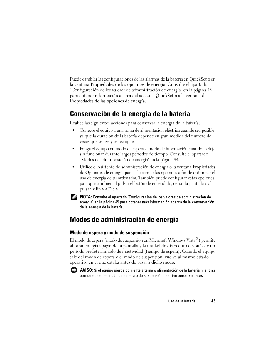 Conservación de la energía de la batería, Modos de administración de energía, Modo de espera y modo de suspensión | Dell Latitude D530 (Early 2008) User Manual | Page 43 / 192