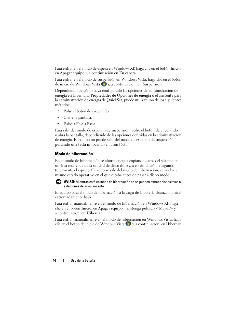 Modo de hibernación | Dell Latitude D530 (Early 2008) User Manual | Page 44 / 192