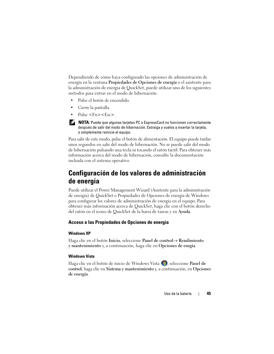 Acceso a las propiedades de opciones de energía | Dell Latitude D530 (Early 2008) User Manual | Page 45 / 192