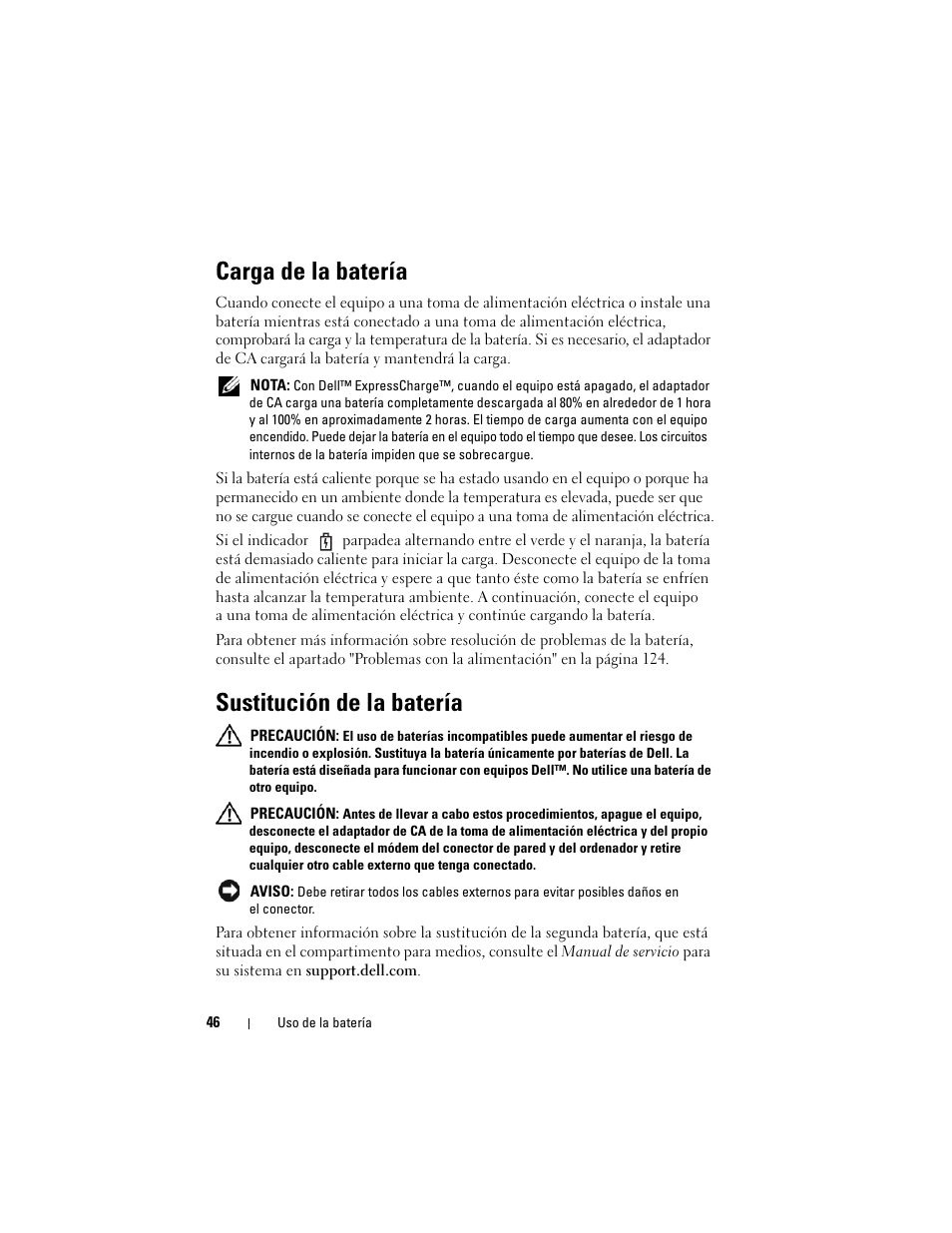 Carga de la batería, Sustitución de la batería | Dell Latitude D530 (Early 2008) User Manual | Page 46 / 192