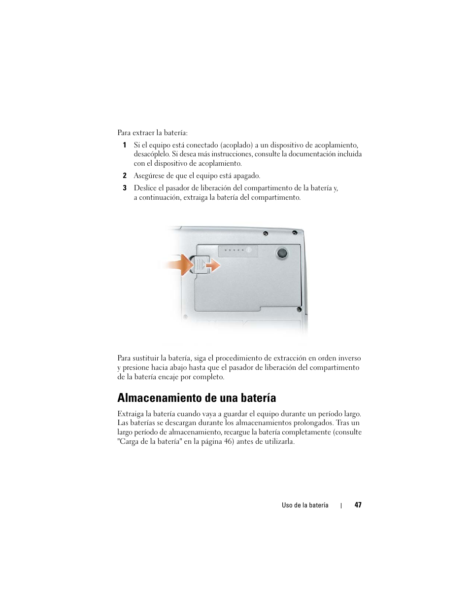 Almacenamiento de una batería | Dell Latitude D530 (Early 2008) User Manual | Page 47 / 192