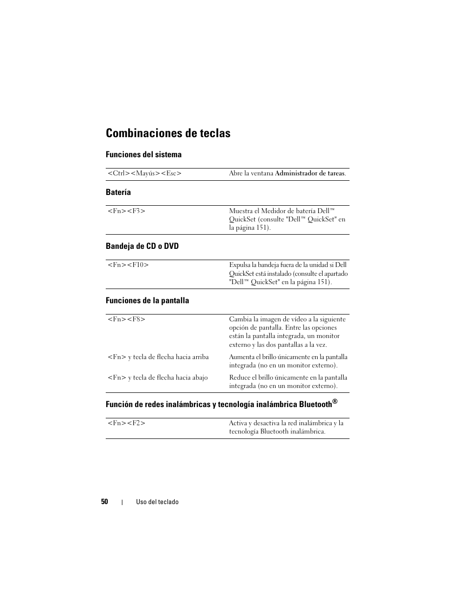 Combinaciones de teclas, Funciones del sistema, Batería | Bandeja de cd o dvd, Funciones de la pantalla | Dell Latitude D530 (Early 2008) User Manual | Page 50 / 192