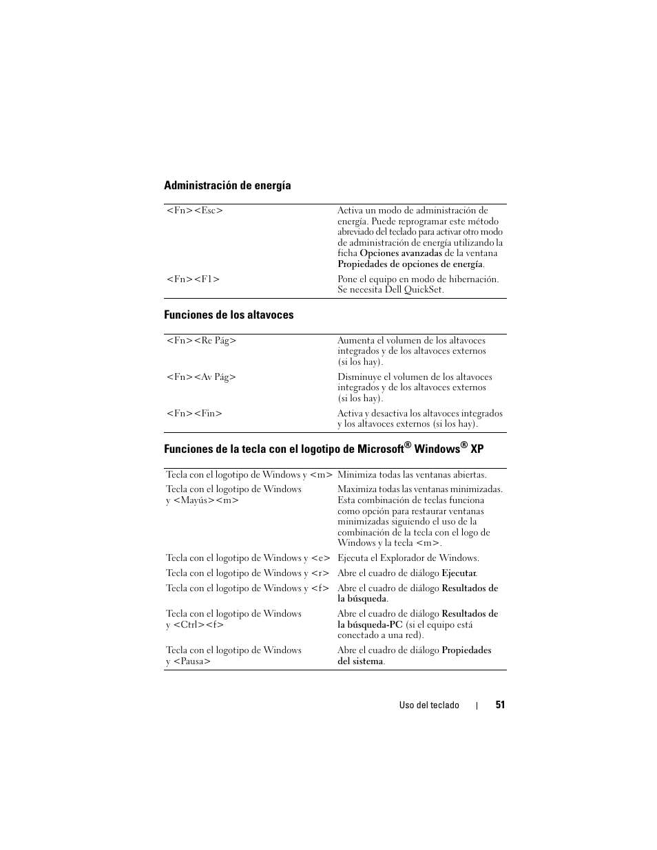 Administración de energía, Funciones de los altavoces, Funciones de la tecla con el logotipo de microsoft | Dell Latitude D530 (Early 2008) User Manual | Page 51 / 192