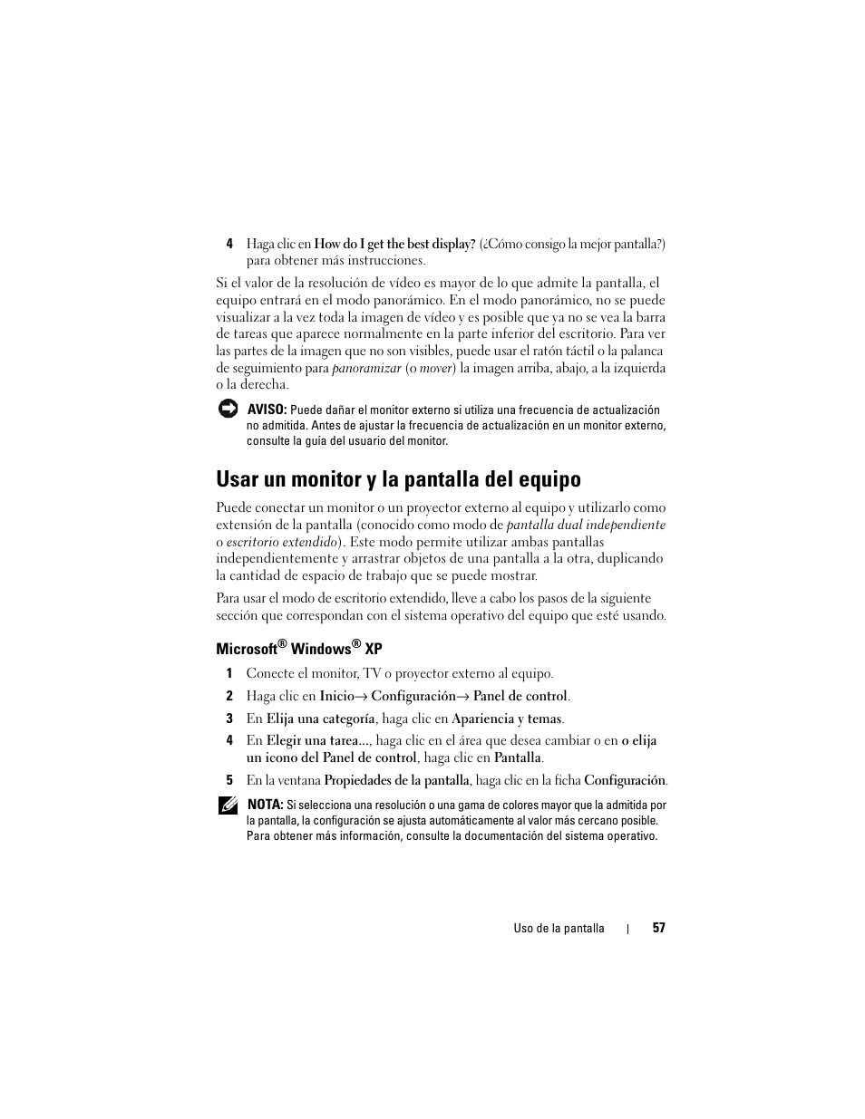 Usar un monitor y la pantalla del equipo, Microsoft® windows® xp, Microsoft | Dell Latitude D530 (Early 2008) User Manual | Page 57 / 192