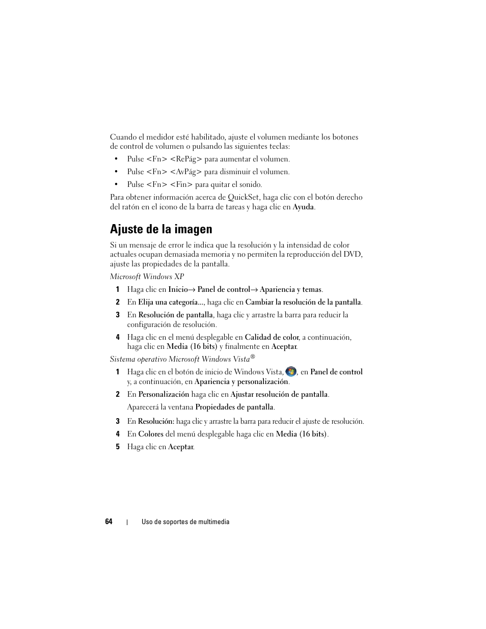 Ajuste de la imagen | Dell Latitude D530 (Early 2008) User Manual | Page 64 / 192