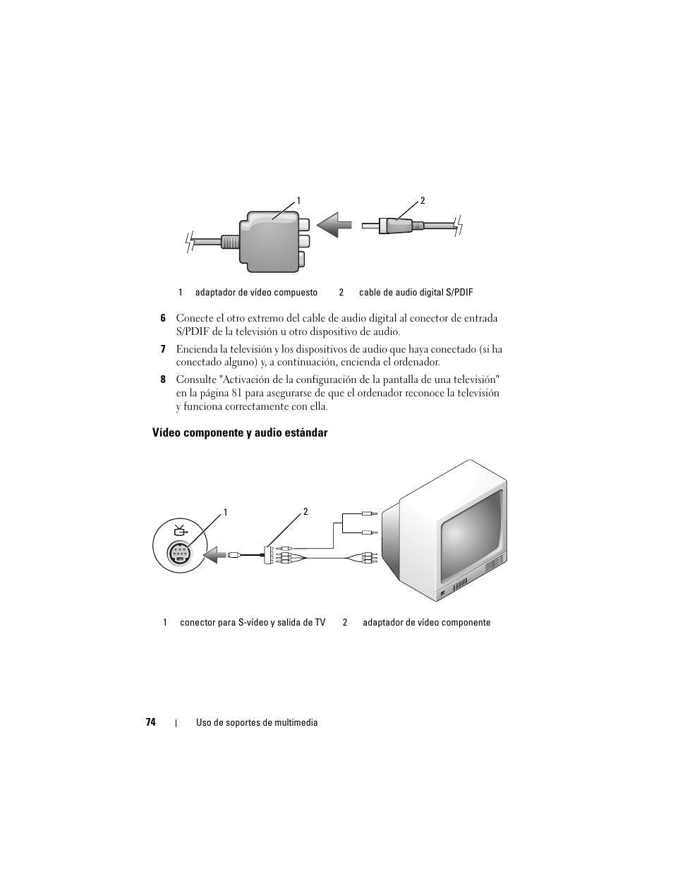 Vídeo componente y audio estándar | Dell Latitude D530 (Early 2008) User Manual | Page 74 / 192