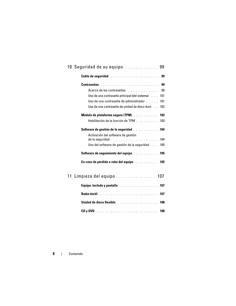 10 seguridad de su equipo, 11 limpieza del equipo | Dell Latitude D530 (Early 2008) User Manual | Page 8 / 192