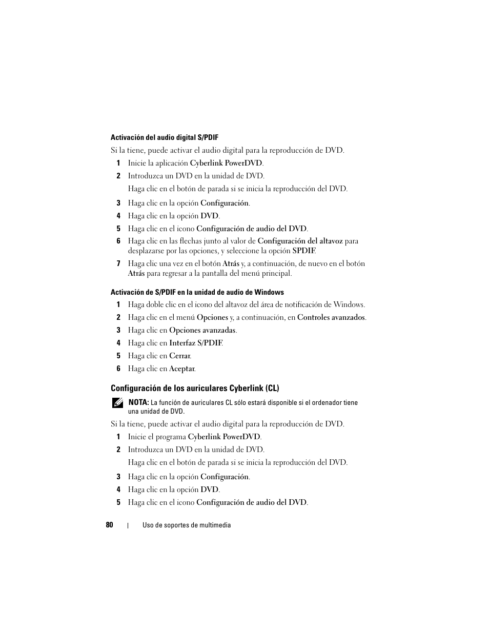 Configuración de los auriculares cyberlink (cl) | Dell Latitude D530 (Early 2008) User Manual | Page 80 / 192