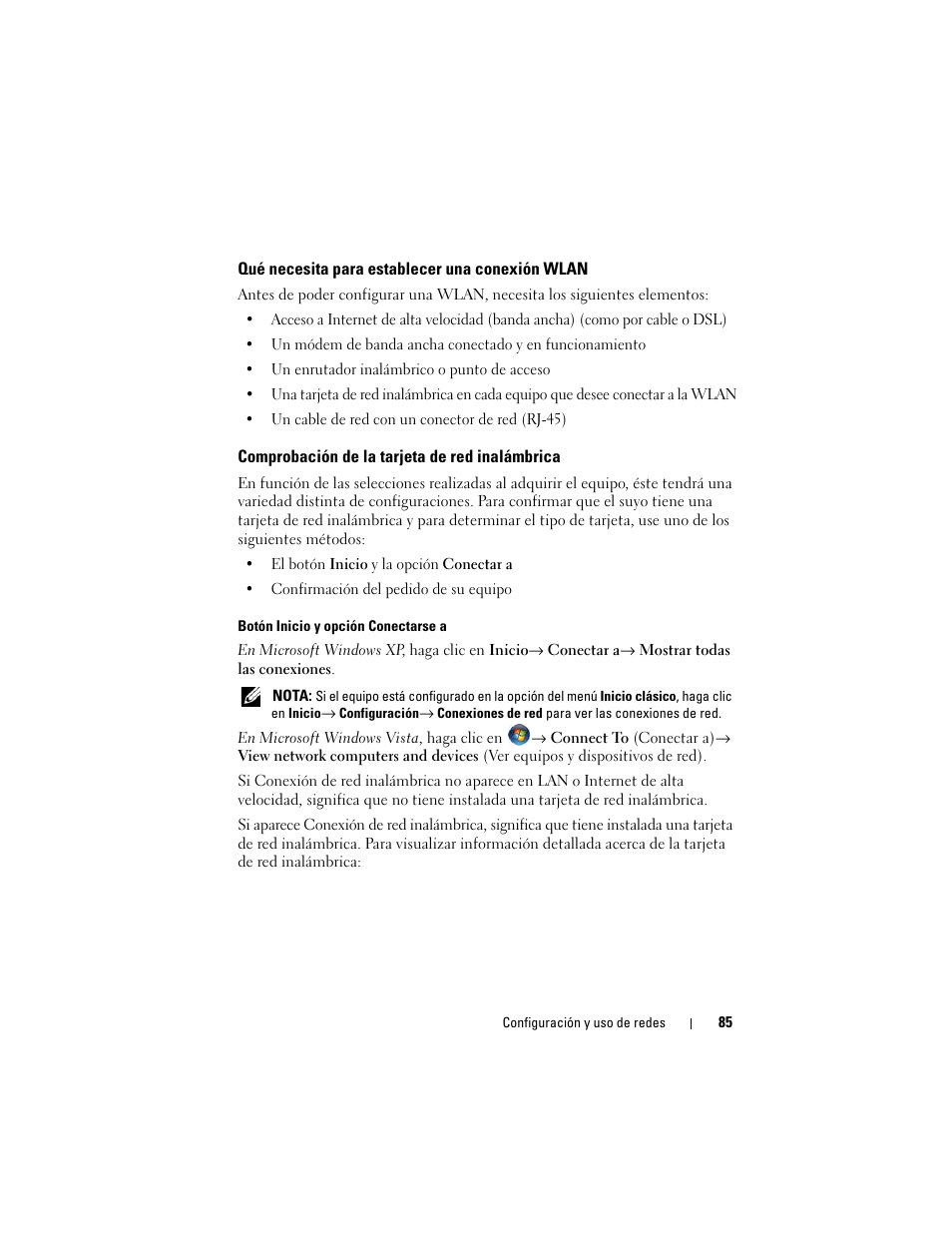 Qué necesita para establecer una conexión wlan, Comprobación de la tarjeta de red inalámbrica | Dell Latitude D530 (Early 2008) User Manual | Page 85 / 192