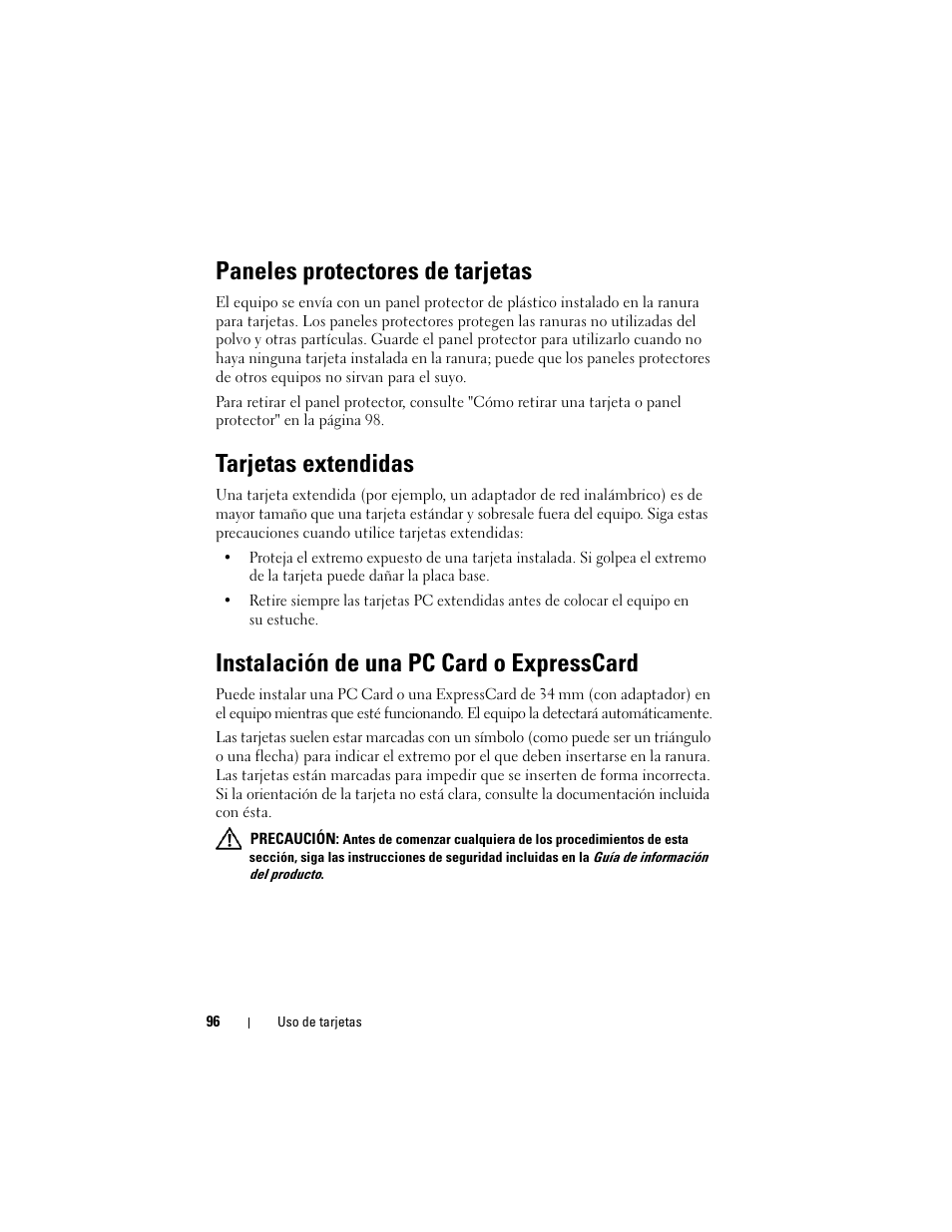 Paneles protectores de tarjetas, Tarjetas extendidas, Instalación de una pc card o expresscard | Dell Latitude D530 (Early 2008) User Manual | Page 96 / 192