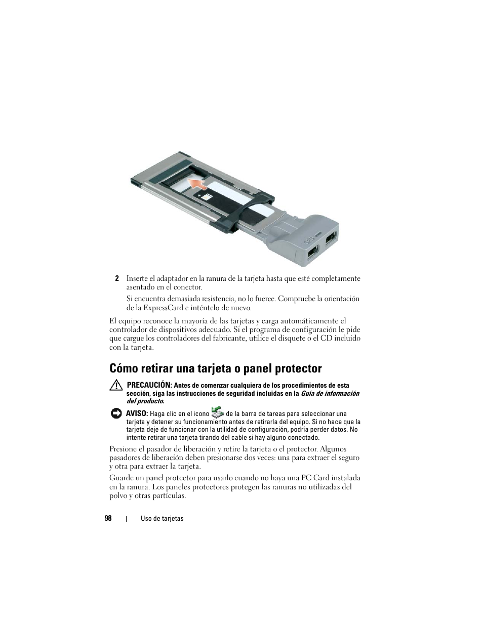 Cómo retirar una tarjeta o panel protector | Dell Latitude D530 (Early 2008) User Manual | Page 98 / 192