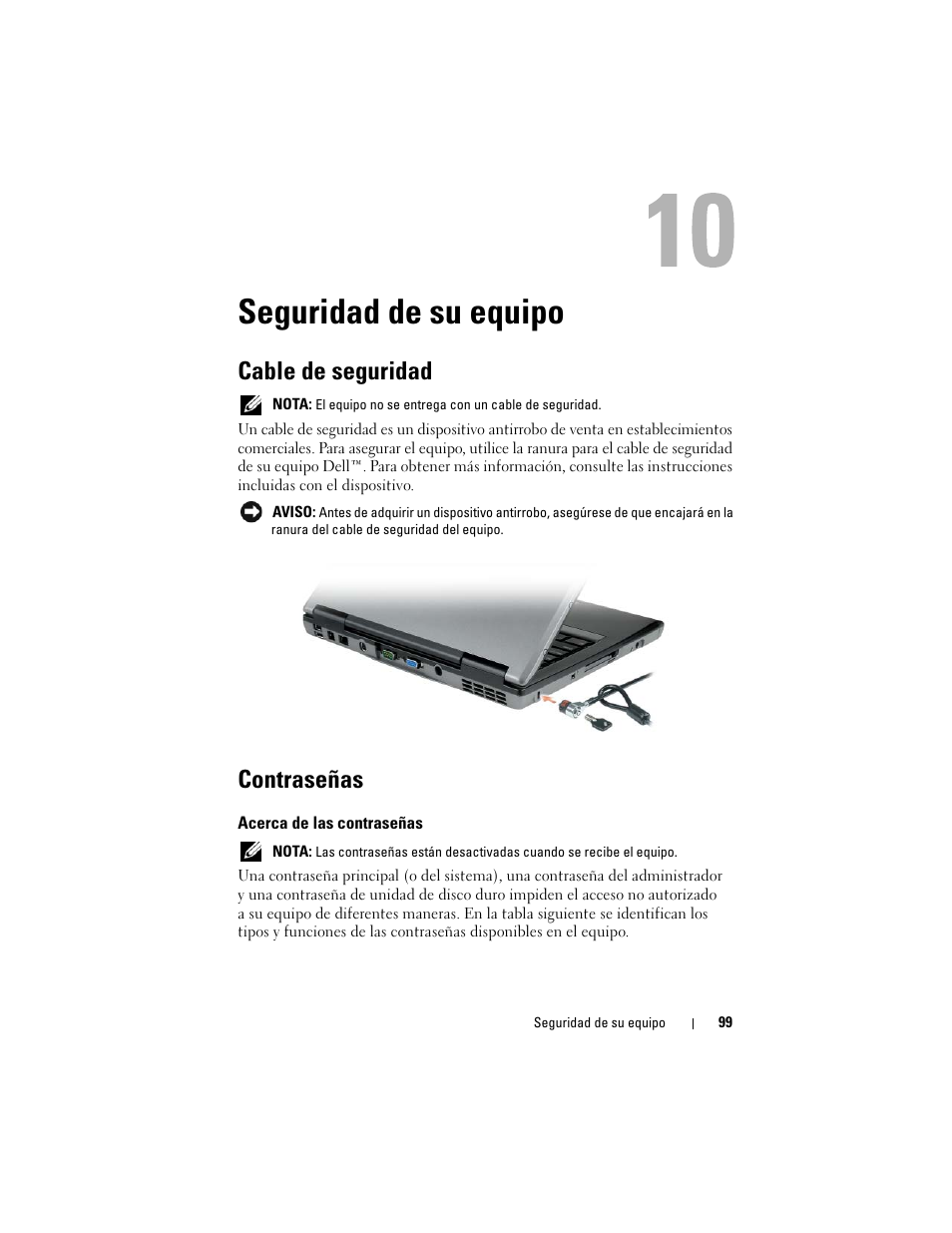 Seguridad de su equipo, Cable de seguridad, Contraseñas | Acerca de las contraseñas | Dell Latitude D530 (Early 2008) User Manual | Page 99 / 192