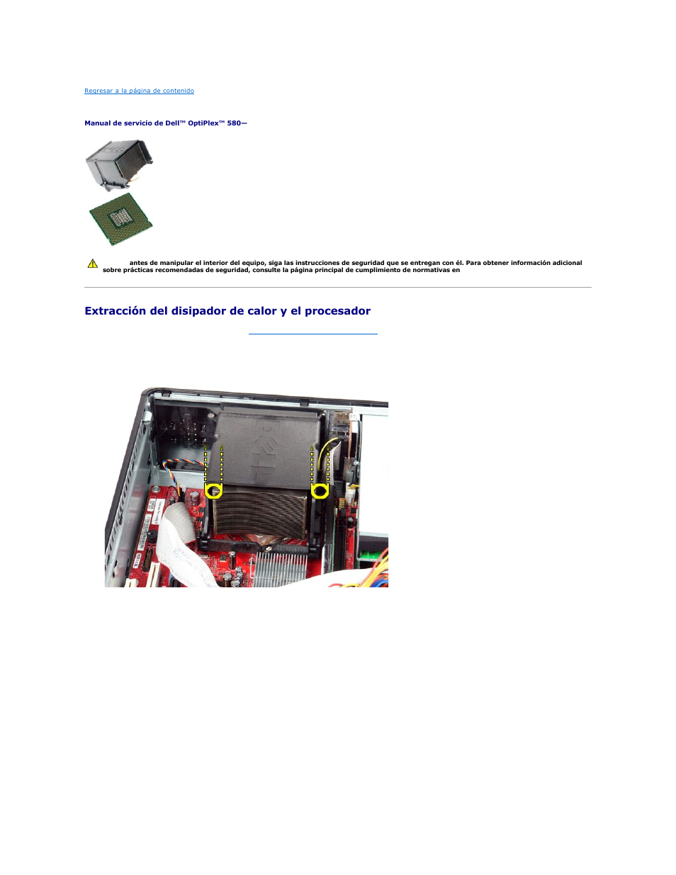 Disipador de calor y procesador, Extracción del disipador de calor y el procesador | Dell OptiPlex 580 (Early 2010) User Manual | Page 15 / 49