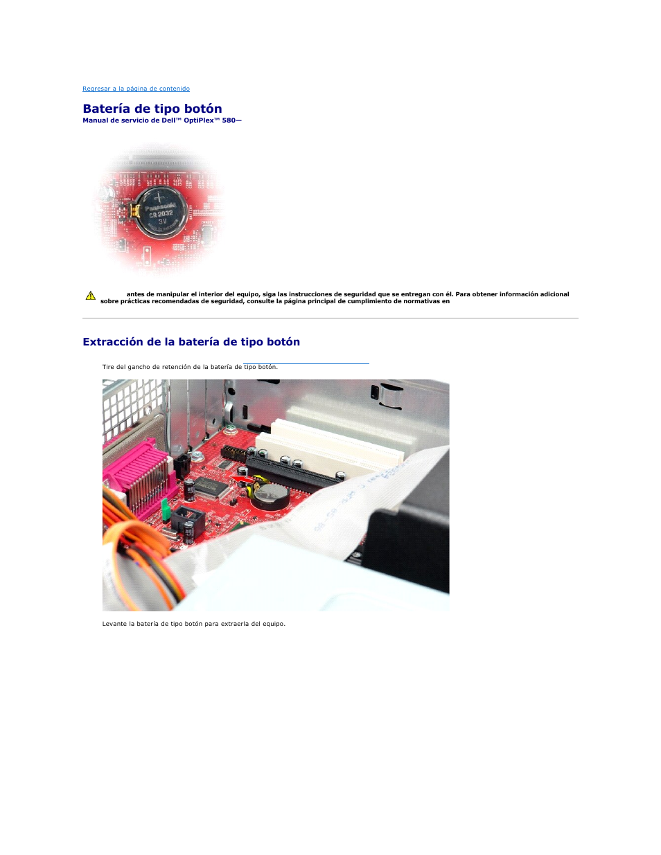 Batería de tipo botón, Extracción de la batería de tipo botón | Dell OptiPlex 580 (Early 2010) User Manual | Page 2 / 49