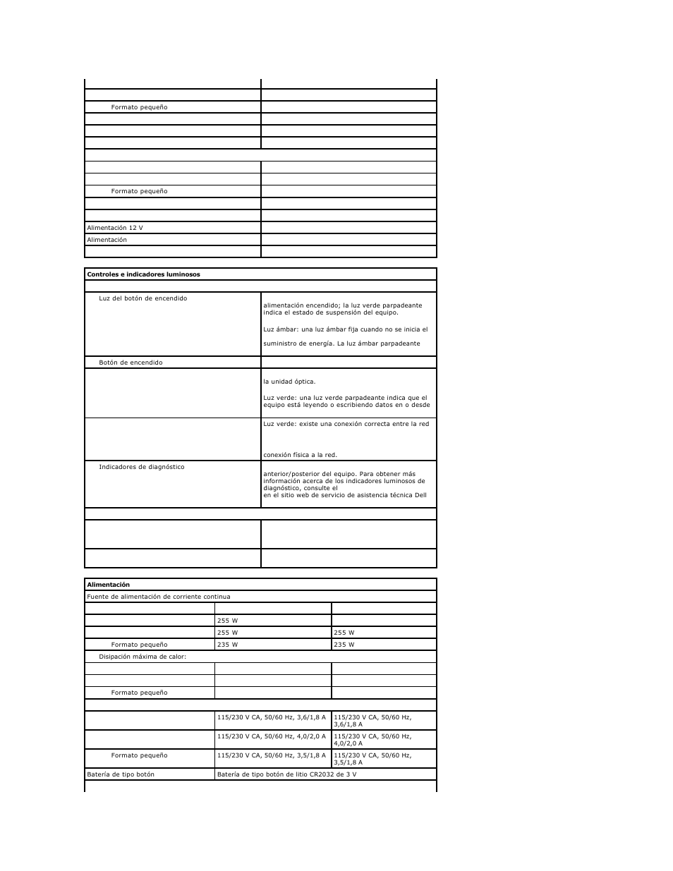 Controles e indicadores luminosos, Alimentación | Dell OptiPlex 580 (Early 2010) User Manual | Page 39 / 49