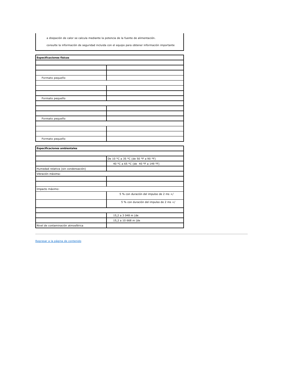 Especificaciones físicas, Especificaciones ambientales | Dell OptiPlex 580 (Early 2010) User Manual | Page 40 / 49