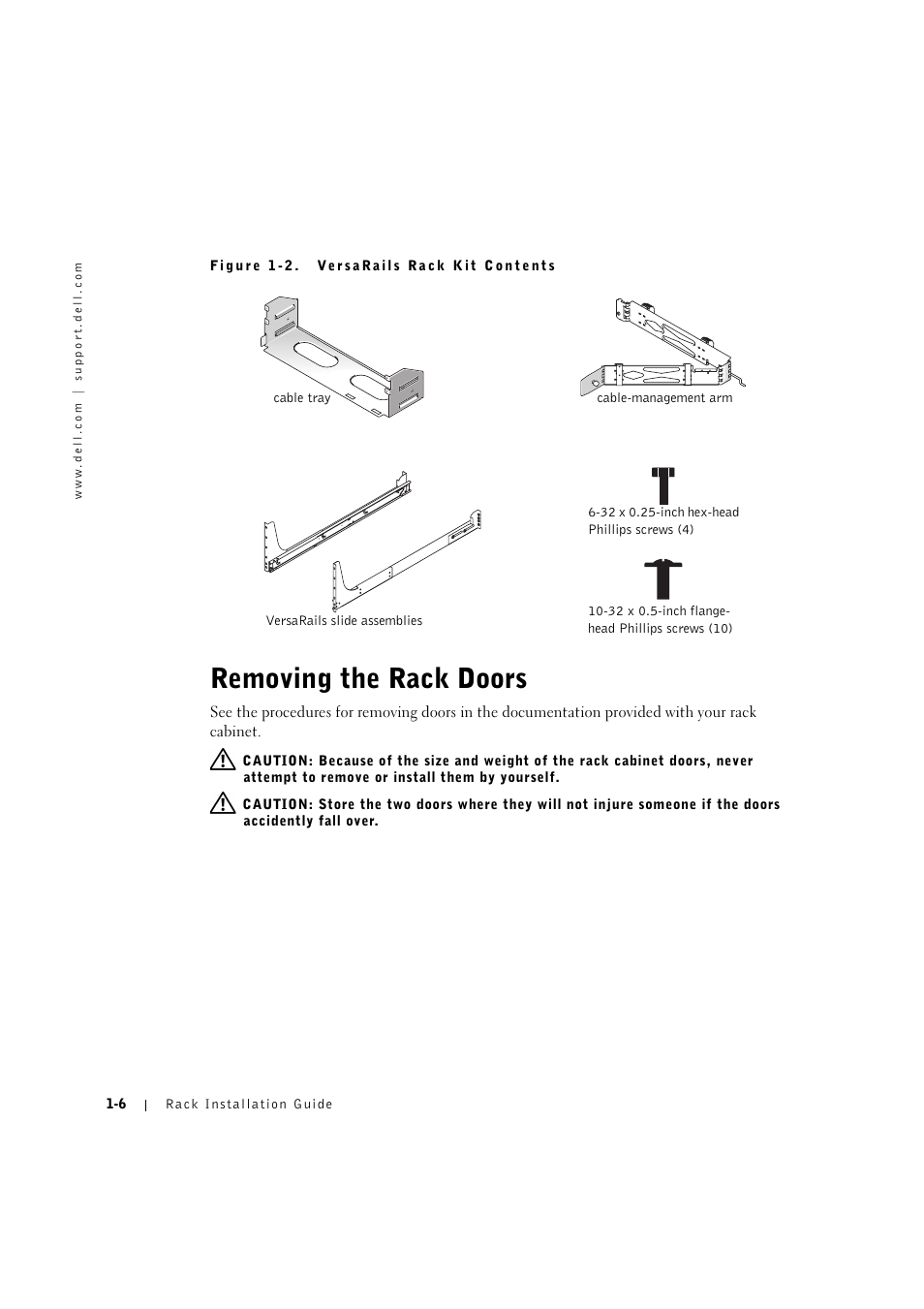 Removing the rack doors, Removing the rack doors -6 | Dell PowerVault 770N (Deskside NAS Appliance) User Manual | Page 12 / 126
