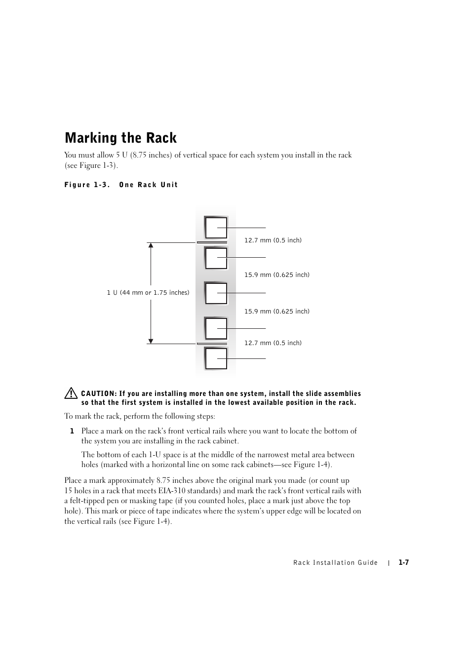 Marking the rack, Figure 1-3. one rack unit, Marking the rack -7 | Dell PowerVault 770N (Deskside NAS Appliance) User Manual | Page 13 / 126