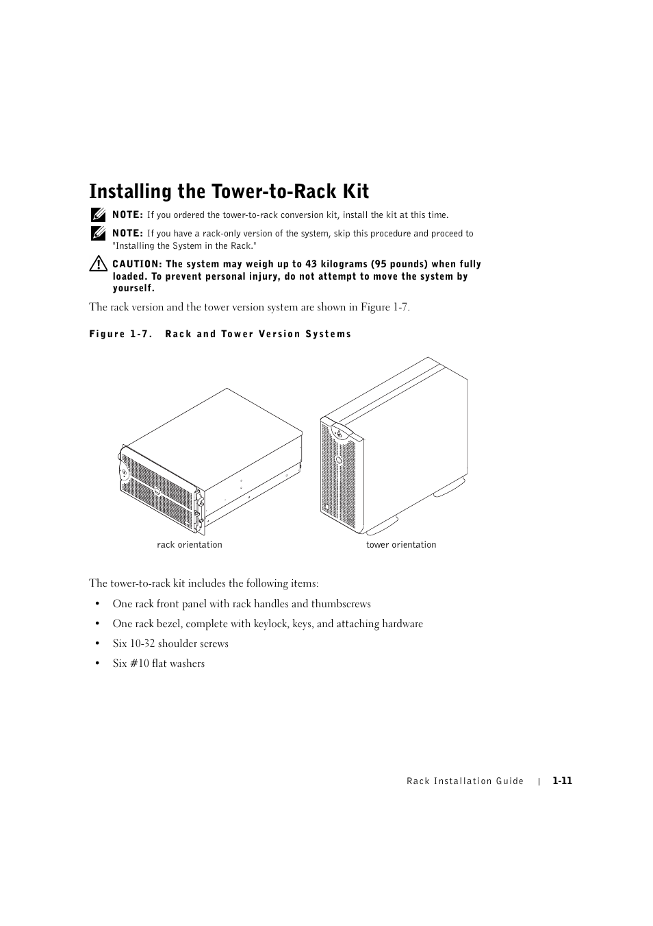 Installing the tower-to-rack kit, Installing the tower-to-rack kit -11 | Dell PowerVault 770N (Deskside NAS Appliance) User Manual | Page 17 / 126