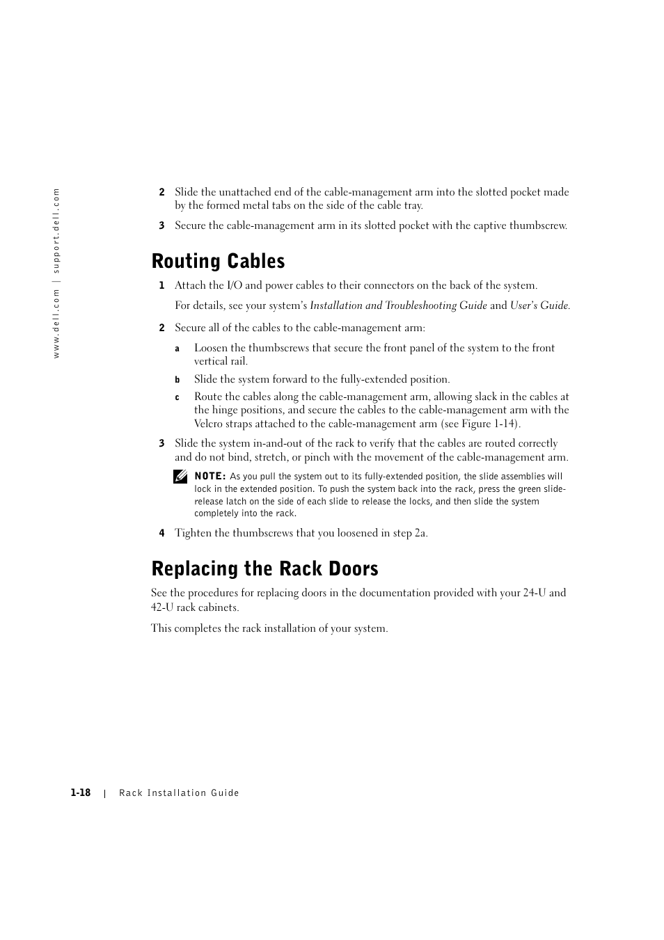 Routing cables, Replacing the rack doors, Routing cables -18 | Replacing the rack doors -18 | Dell PowerVault 770N (Deskside NAS Appliance) User Manual | Page 24 / 126