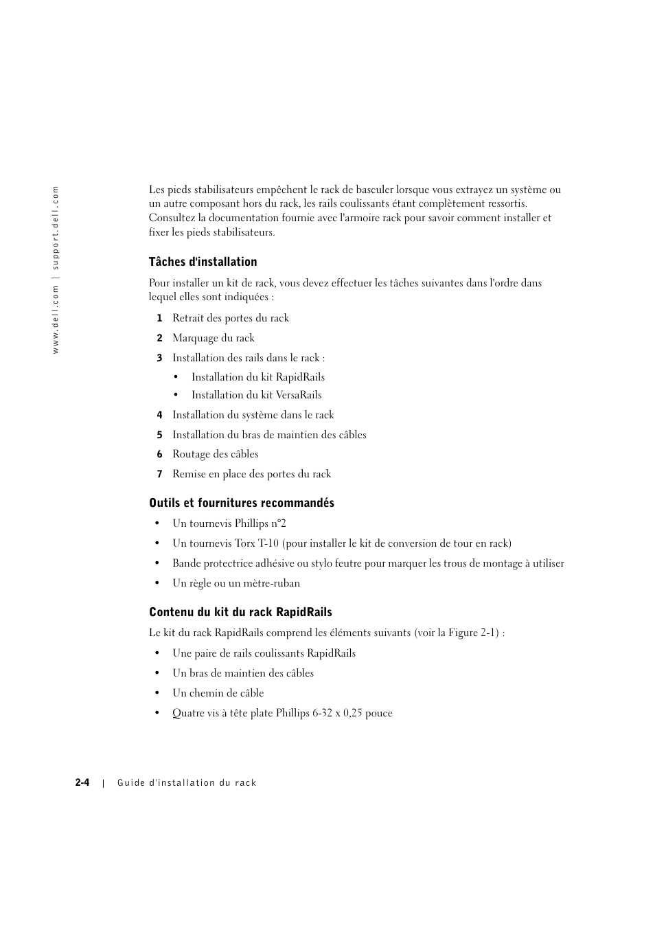 Tâches d'installation, Outils et fournitures recommandés, Contenu du kit du rack rapidrails | Tâches d'instaiiation -4, Outiis et fournitures recommandés -4, Contenu du kit du rack rapidraiis -4 | Dell PowerVault 770N (Deskside NAS Appliance) User Manual | Page 34 / 126