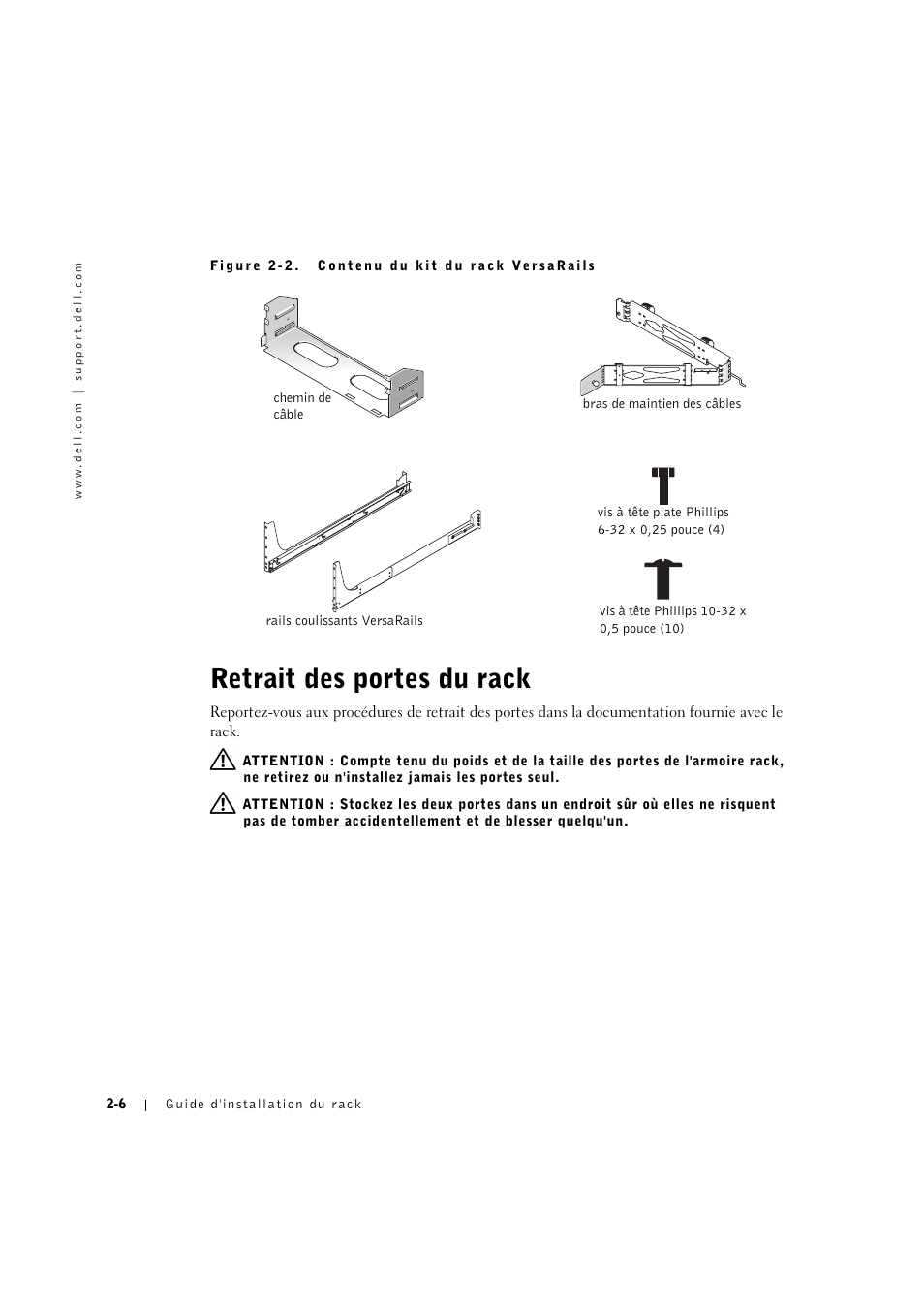 Retrait des portes du rack, Retrait des portes du rack -6 | Dell PowerVault 770N (Deskside NAS Appliance) User Manual | Page 36 / 126