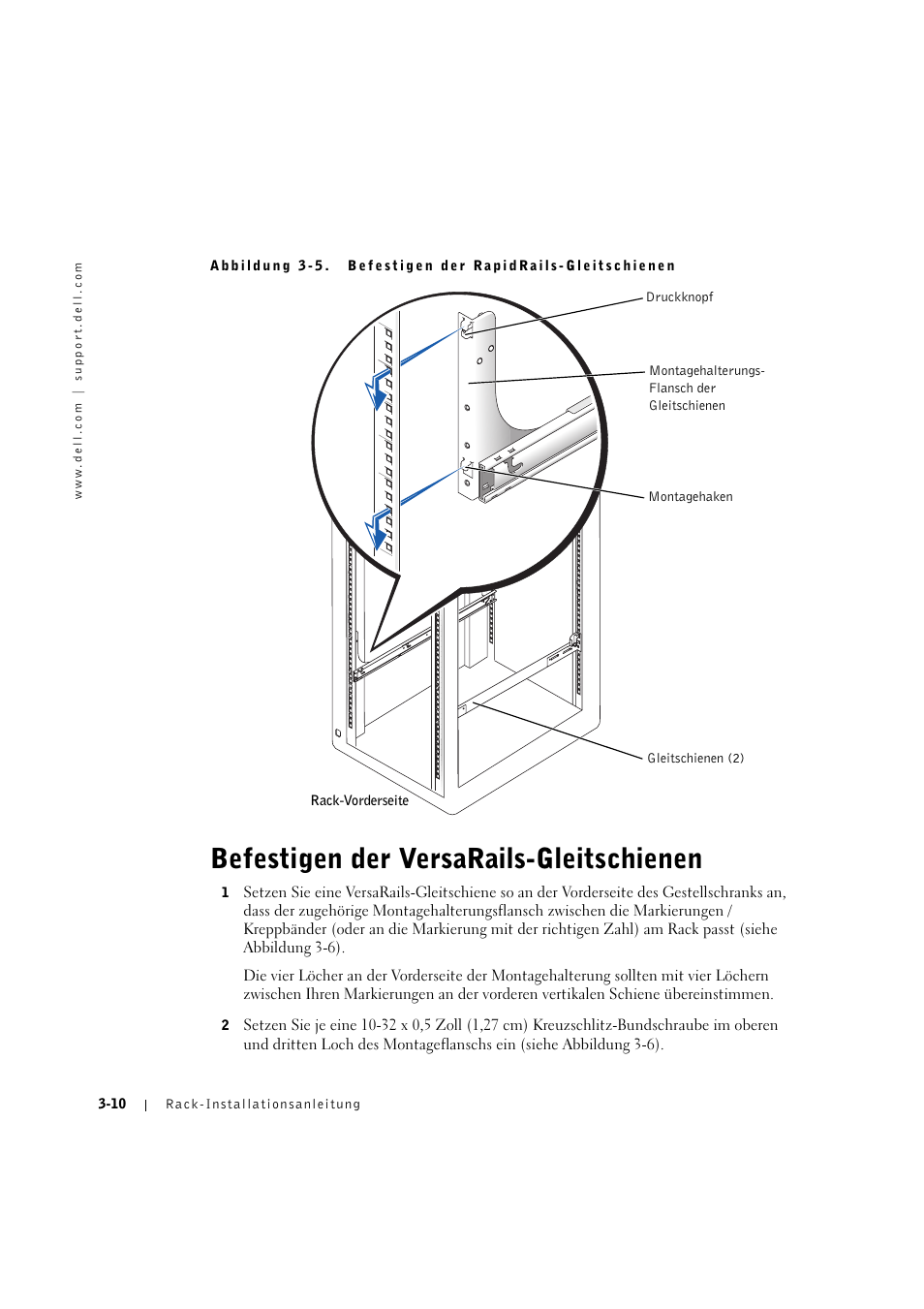 Befestigen der versarails-gleitschienen, Befestigen der versarails-gleitschienen -10 | Dell PowerVault 770N (Deskside NAS Appliance) User Manual | Page 64 / 126