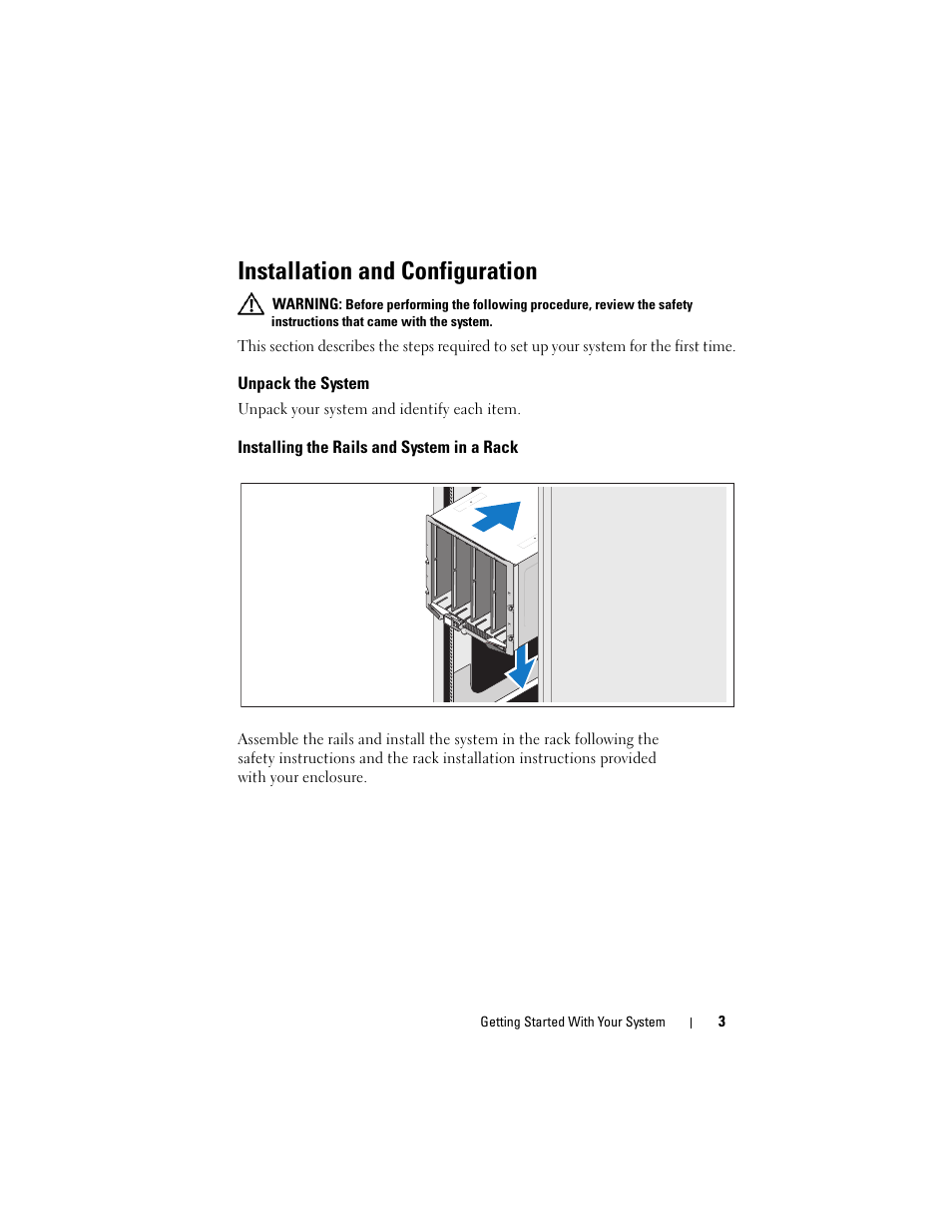 Installation and configuration, Unpack the system, Installing the rails and system in a rack | Dell PowerEdge M610 User Manual | Page 5 / 92