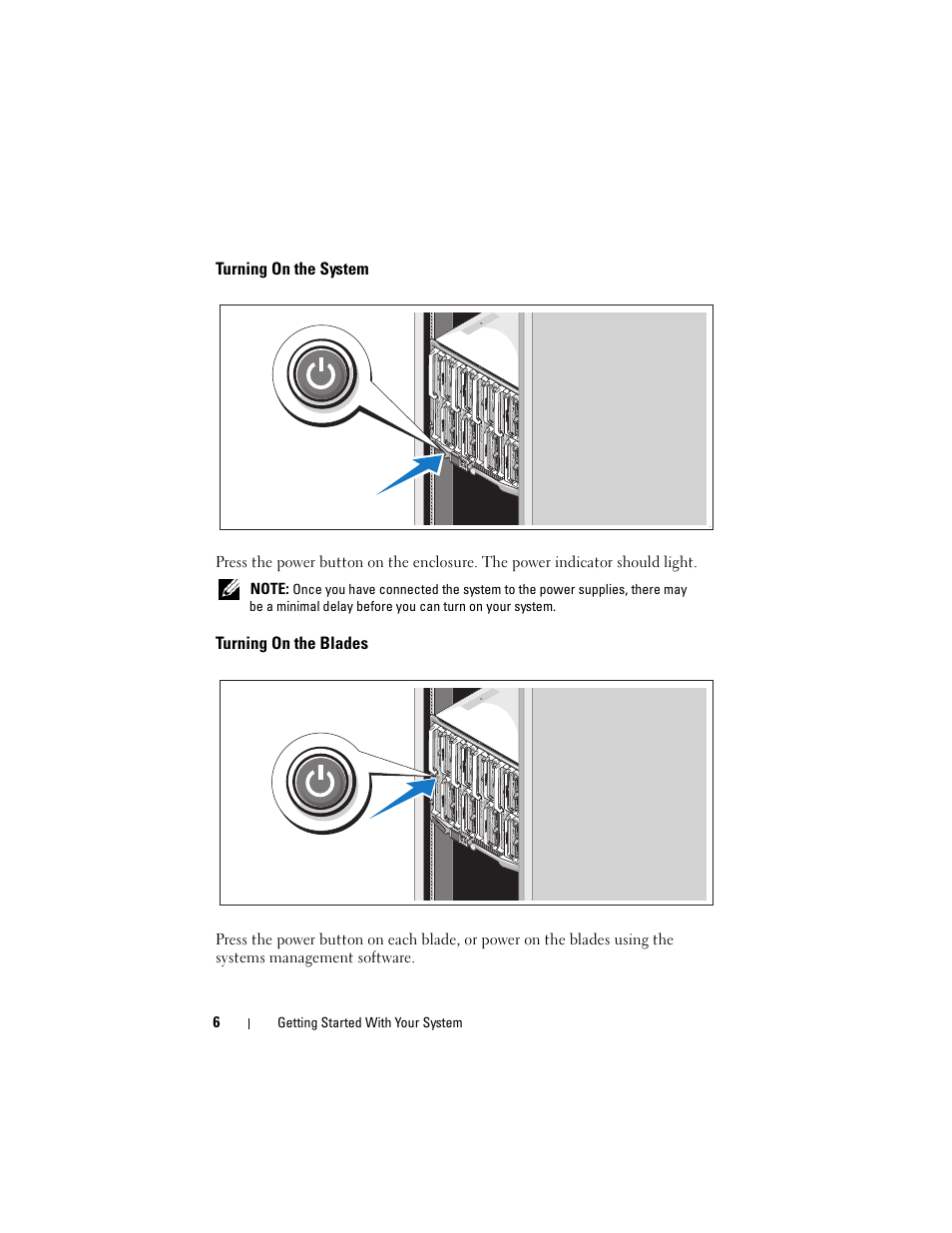 Turning on the system, Turning on the blades | Dell PowerEdge M610 User Manual | Page 8 / 92